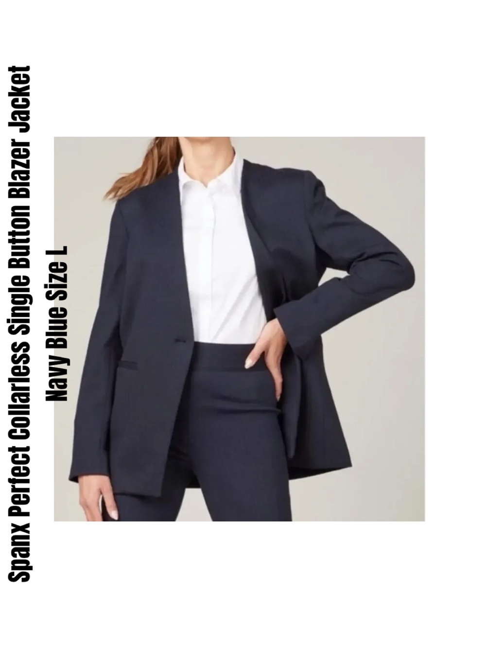 Spanx Perfect Collarless Single Button Blazer Jacket Navy Blue Size L